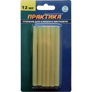 Стержни для клеевого пистолета 7х100мм, 12 шт, ПРАКТИКА, цвет желтый, прозрачный, блистер