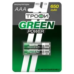 Аккумуляторная батарея HR03(ААА) NiMH(никель-металлгидридные) 650mAh (уп. блистер 2шт) ТРОФИ GREEN POWER